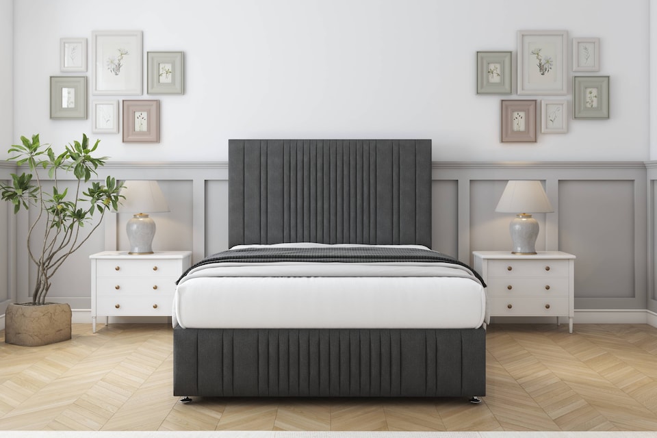 image 1 of Sloomy Kingsley Graphite Dumfries Divan Bed Base 2 Drawers Right Side With 26 Inch Strutted Headboard & 12 Inch Matching Footboard | Grey | Graphite | Small Single | 1