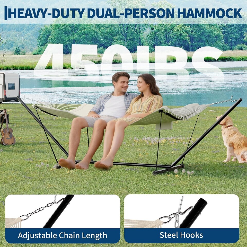 image 1 of London Boutique 12FT Double Hammock with Stand, Garden Hammock with Pillow and Balance Ropes, Beige