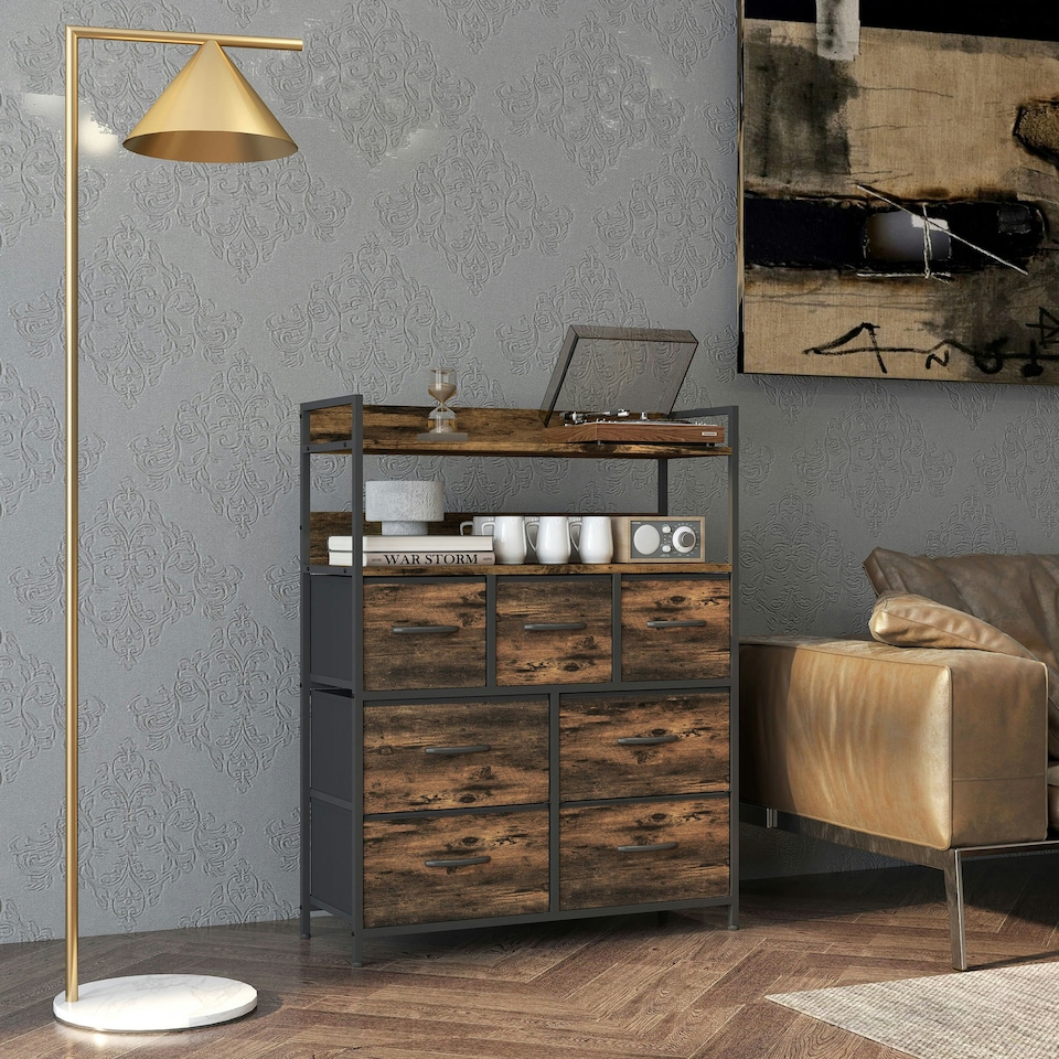 image 1 of HOMCOM Bedroom Chest of Drawers 7 Drawer Dresser w/ Shelves, Grey Wood Effect