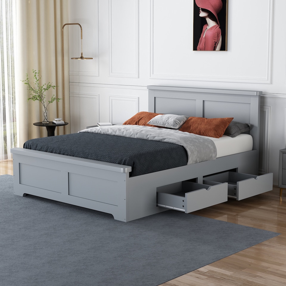 image 1 of 4ft6 Double 4 drawer storage, Solid,strong,grey painted wood bed frame.Wooden bedstead | Grey | Double
