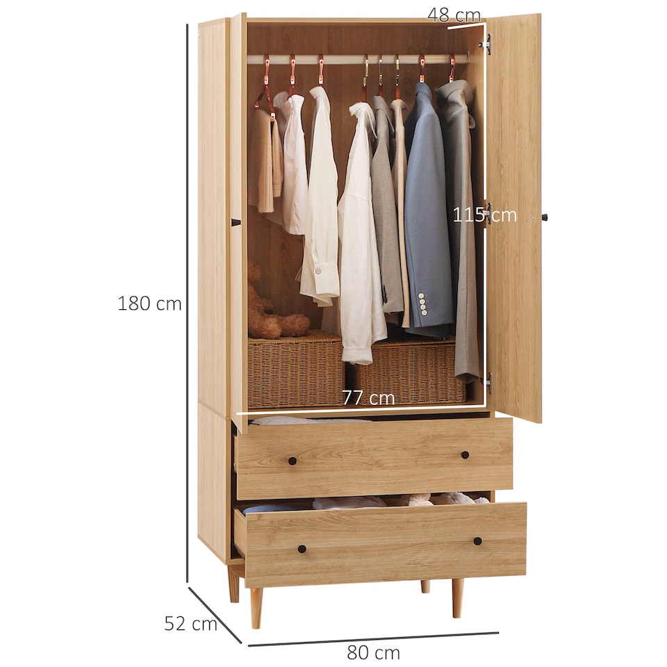 image 1 of HOMCOM 2 Door Wardrobe with 2 Drawers, Hanging Rail, Anti-tipping Design for Bedroom Clothes Storage Organiser, Natural Wood Colour
