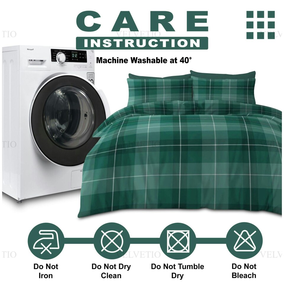image 1 of VELVETIO Finn Check Complete Duvet Cover Set with Fitted Sheet Soft Polycotton Bedding Sets Green | King