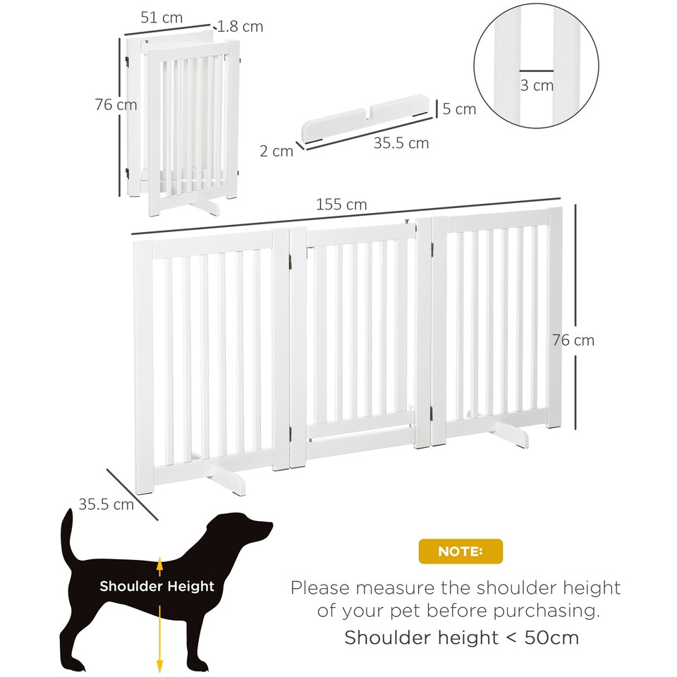 image 1 of PawHut 155cm Expandable 3-Panel Freestanding Dog Pet Gate w/ Latched Door White