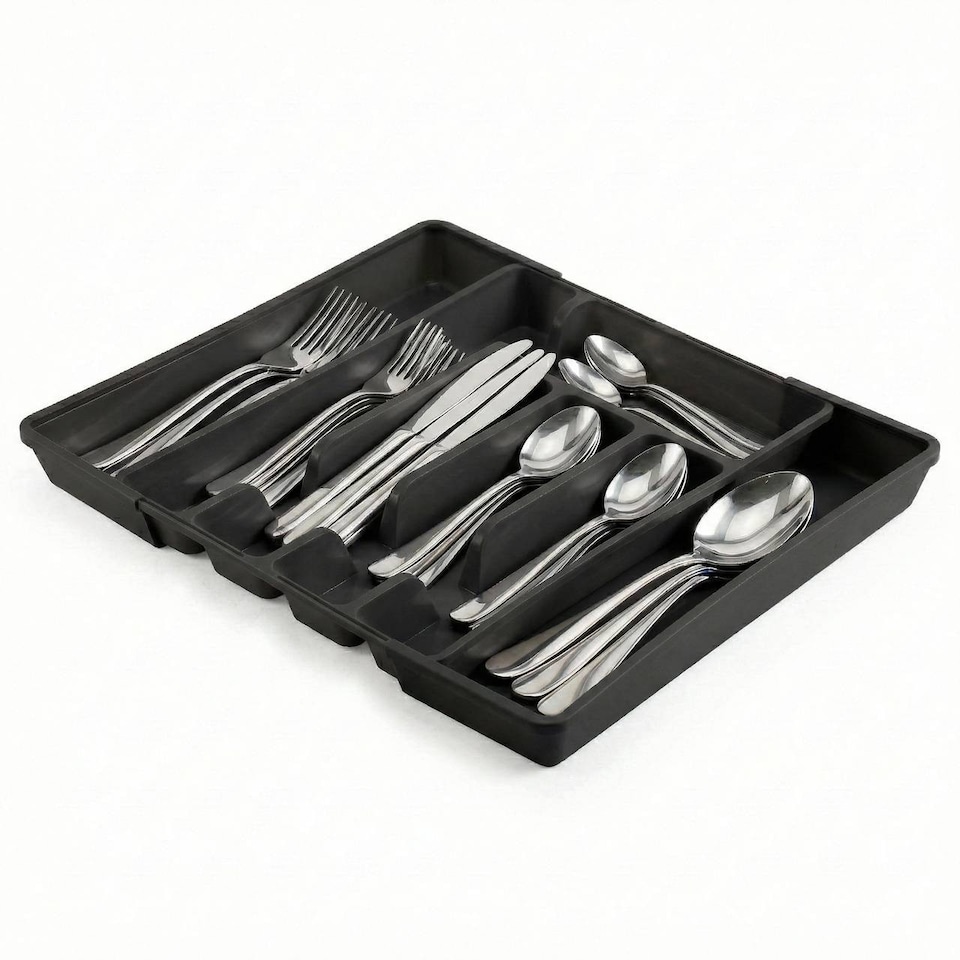 image 1 of 7-Section Extendable Plastic Cutlery Tray Organiser | Black | 1