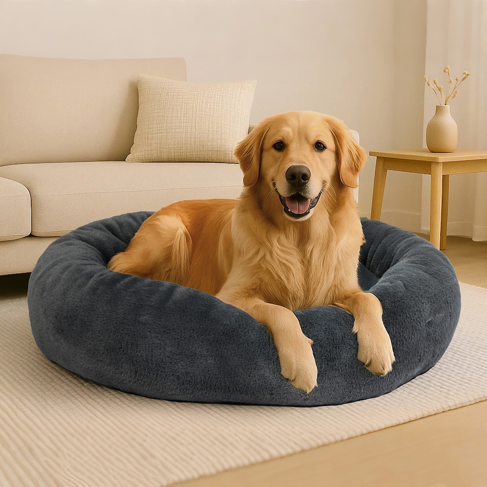 image 1 of Skylos Dog Bed Donut Cushion Plush Calming Washable Large Pet Beds Grey | Grey | 110 x 85cm | One Size