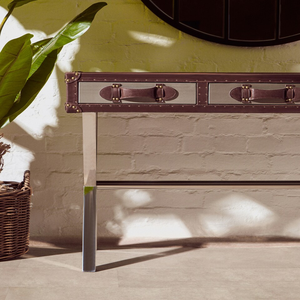 image 1 of Interiors By Premier Brown & White Genuine Cowhide Console Table,Hallway Table With 3 Storage Drawers,Table With Leather Handles Brown