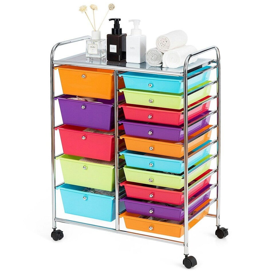 image 1 of COSTWAY 15 Drawers Storage Trolley Rolling Utility Cart Multi-color
