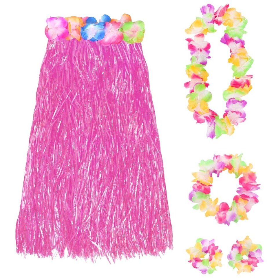 image 1 of 80cm Hawaiian Long Pink Hula Skirt & Lei | Pink | 6