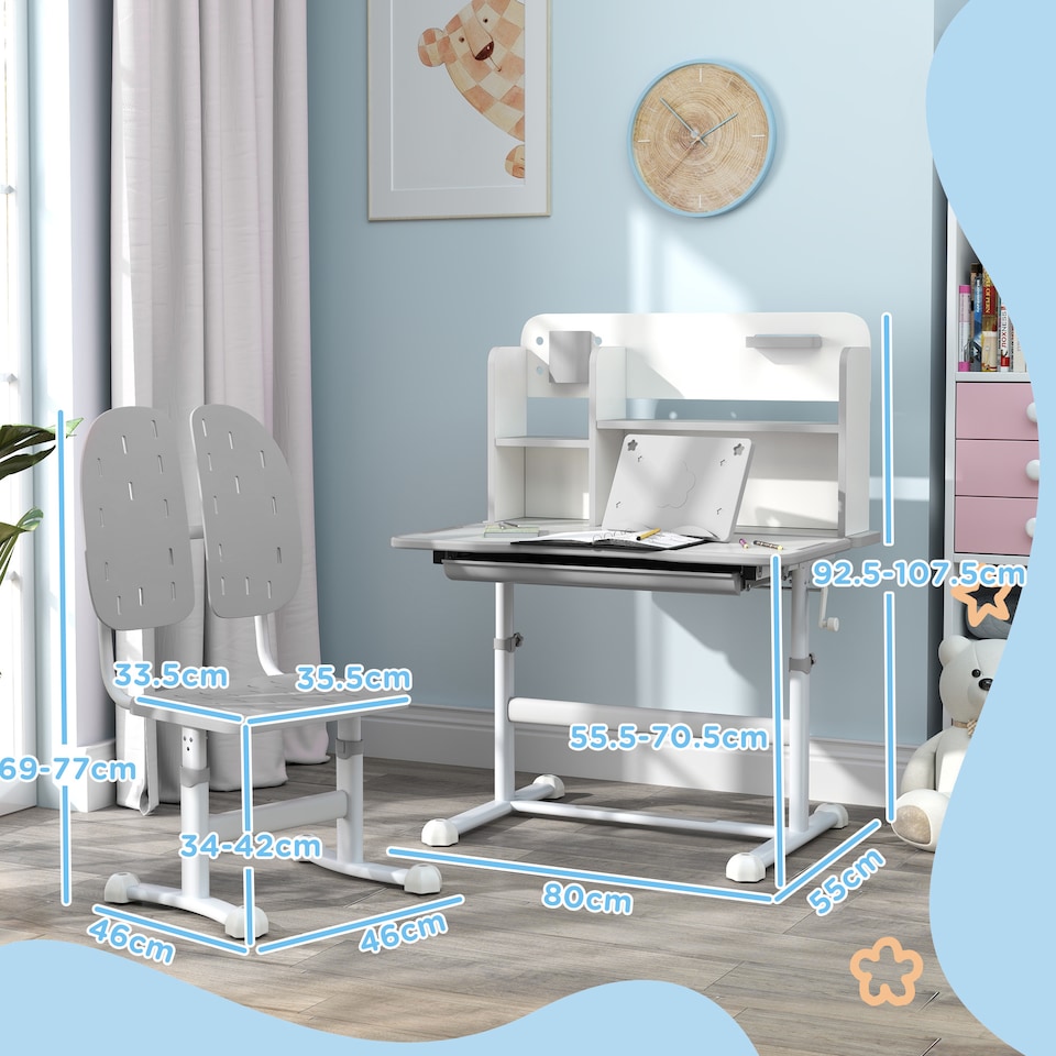 image 1 of AIYAPLAY Kids Desk and Chair Set w/ Tiltable Desktop, Reading Rack, Grey