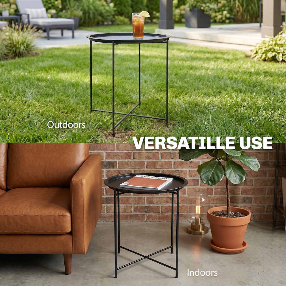 image 1 of Outsunny 46cm Round Garden Table Side Table with Removable Tray, Black