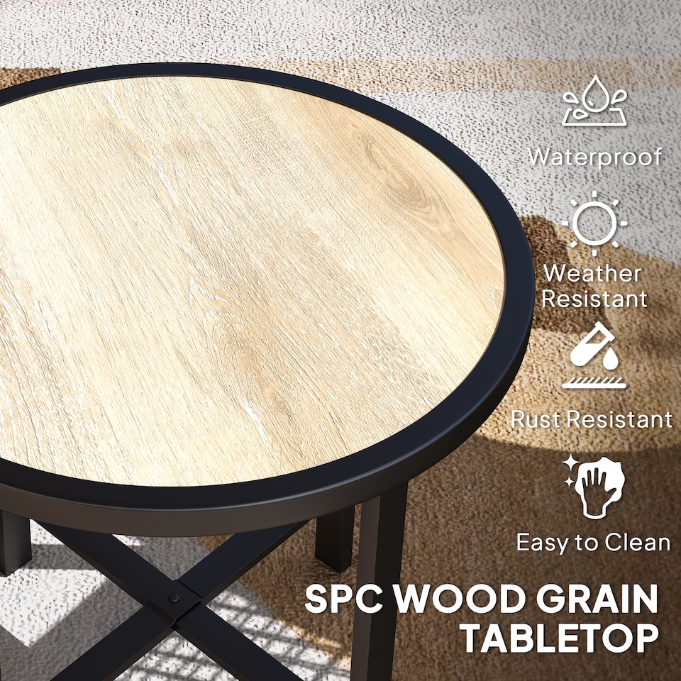 image 1 of Outsunny Round Small Garden Table, 50.5cm Outdoor Side Table with SPC Tabletop, Metal Frame and Anti-slip Foot Pads for Garden, Balcony, Nature Wood Finish | Multi | Natural wood finish