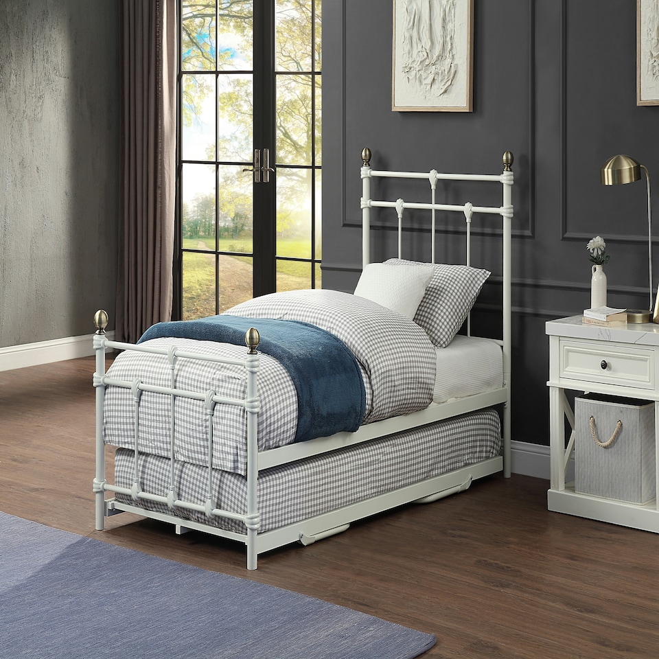 image 1 of Bayford Traditional Single White Metal Bed Frame with Guest Trundle Bed | White | White | Single