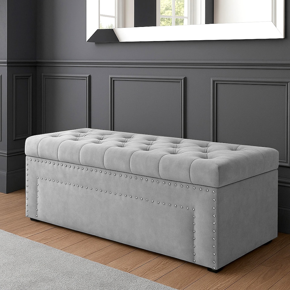 image 1 of 180cm Duke Ottoman Storage Box -Upholstered Blanket Box - Silver Plush Velvet Multifunctional Storage Box
