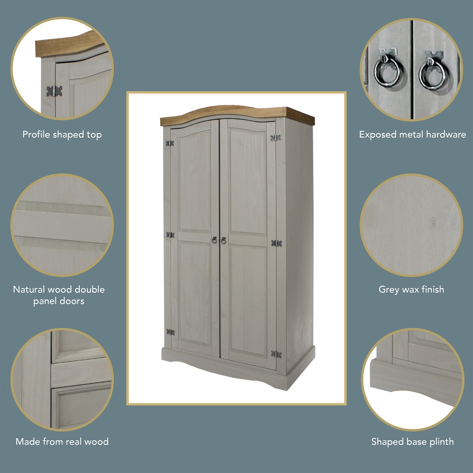 image 1 of Premium Corona 2 Door Wardrobe in Mexican Pine, Classic Design with Metal Hardware | Grey | Grey | One Size | 1