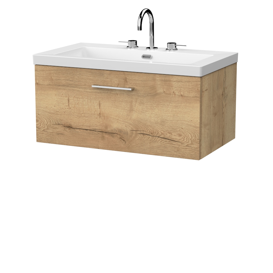image 1 of Balterley Pershall Contemporary Wall Hung 1 Drawer Vanity Unit with 3 Tap Hole Fireclay Basin, 800mm, Autumn Oak