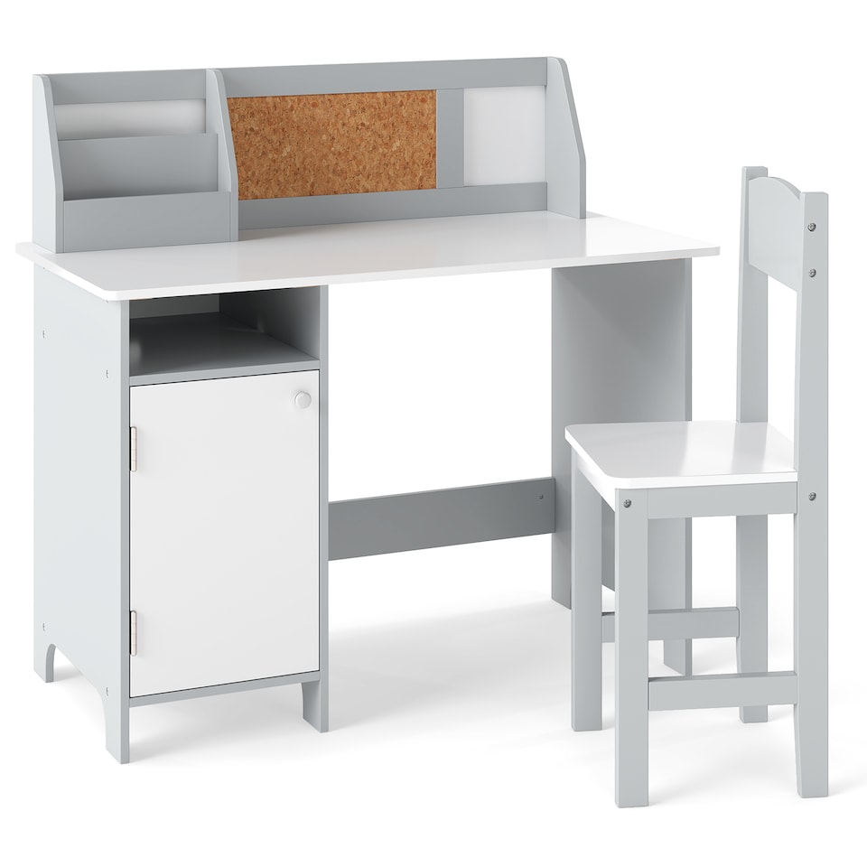 image 1 of COSTWAY Kids Table and Chair Set Children Study Table With  Hutch-Grey