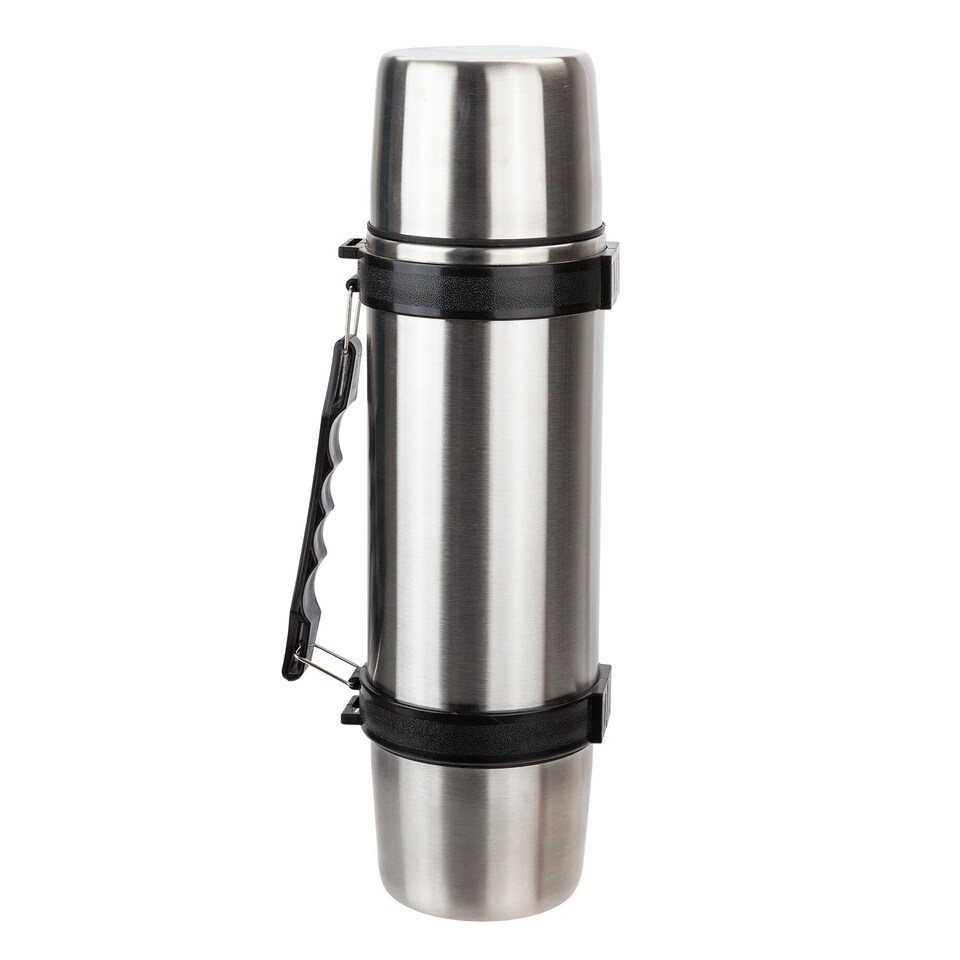 image 1 of PMS 1L Insulated Stainless Steel Vacuum Flask, Silver - Includes 2 Cups