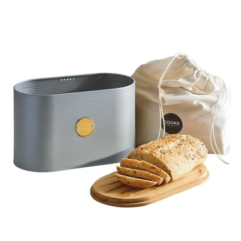 image 1 of Cooks Professional Ribbed Bread Bin, Linen Bag & Bamboo Board Set with Gold Label | Grey | Grey & Gold | 1