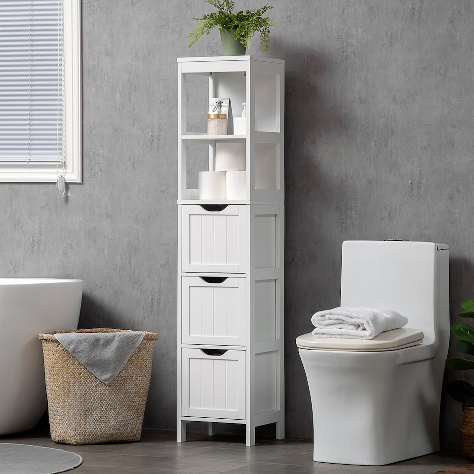 image 1 of HOMCOM Slim Bathroom Storage unit with 3 Drawers and 2 Open Shelves, White