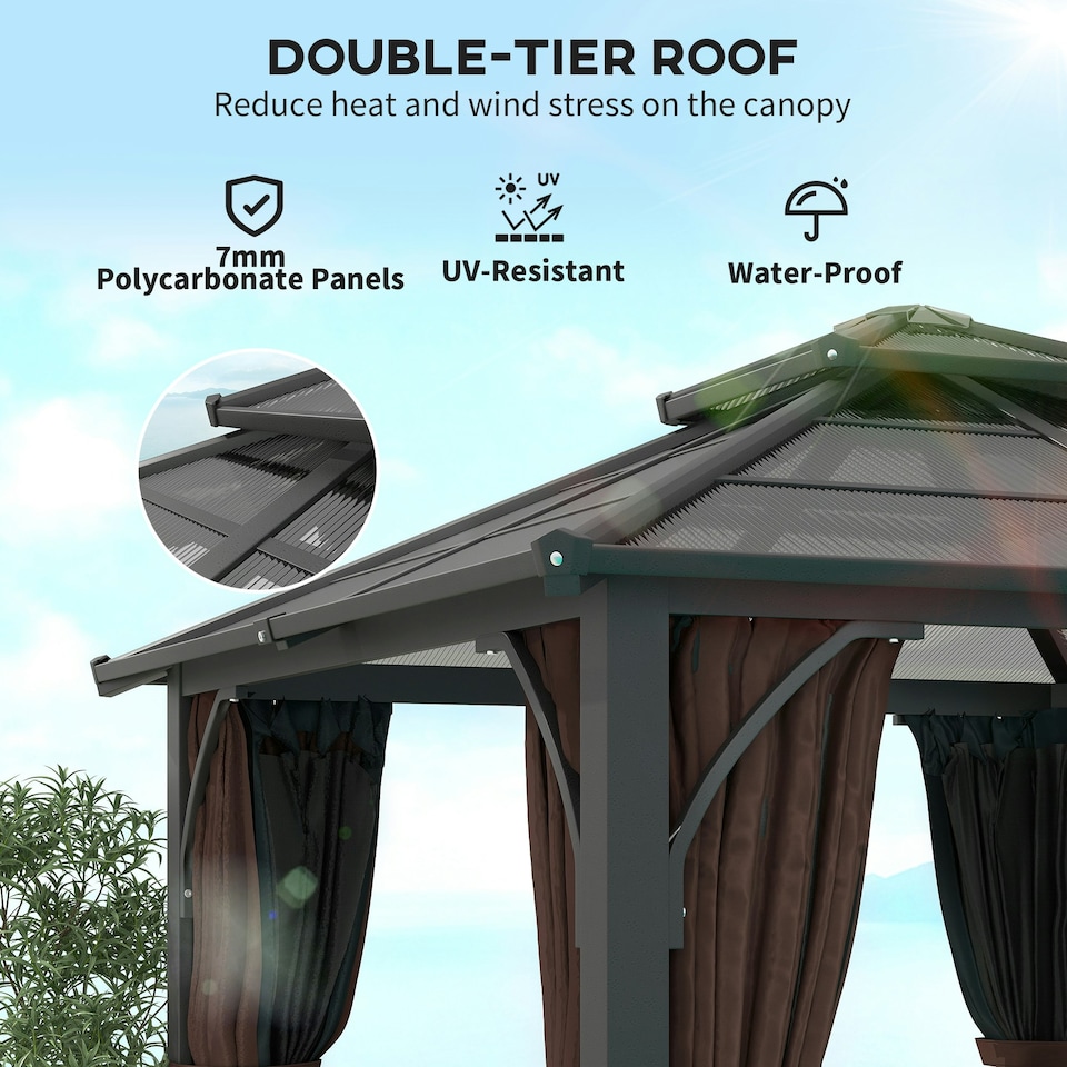 image 1 of Outsunny 3x3(m) Hardtop Gazebo with Polycarbonate Roof & Sides, Brown