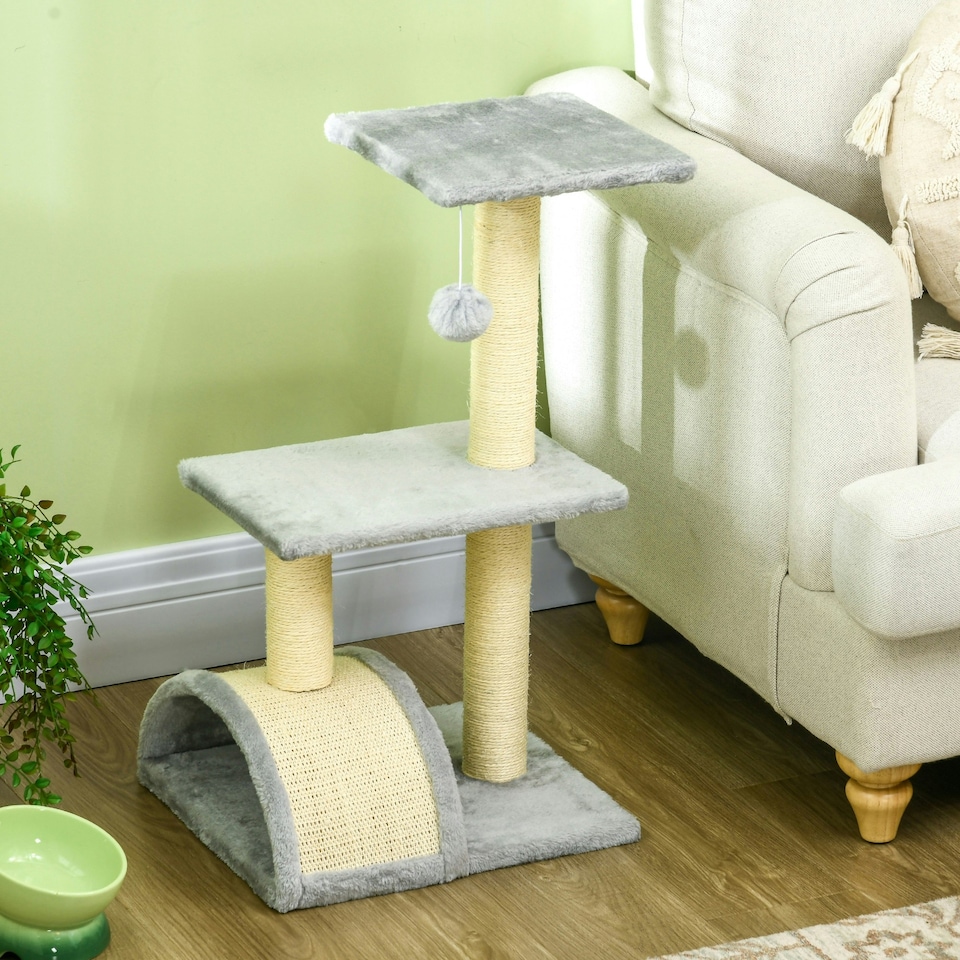 image 1 of PawHut 72cm Cat Tree Tower with Scratching Post Perch, Indoor, Light Grey