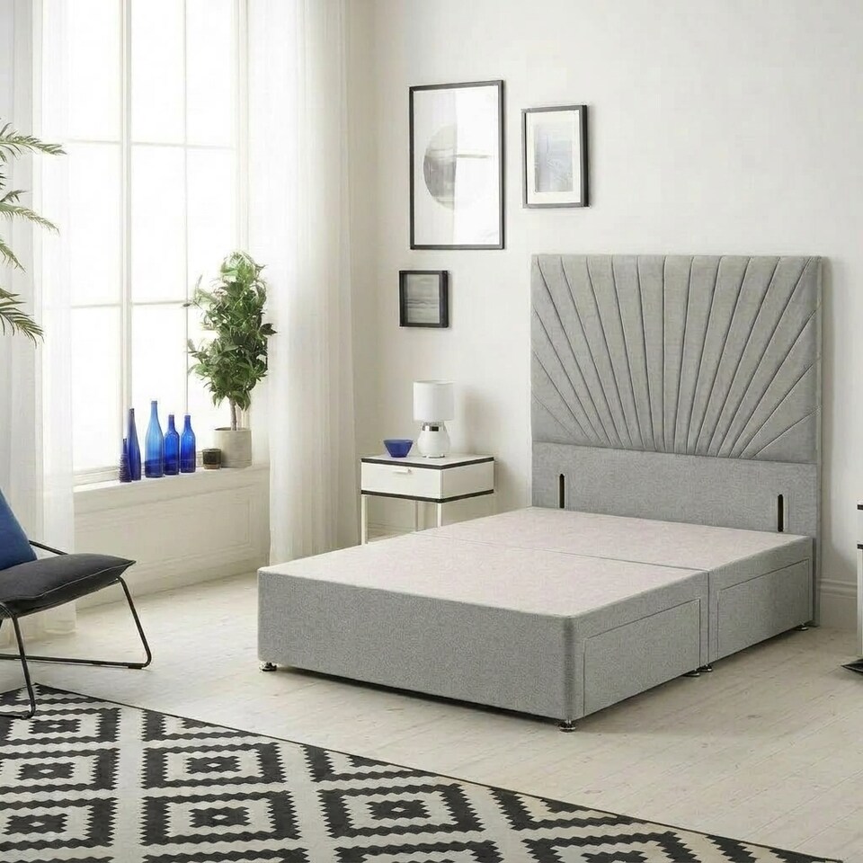 image 1 of Sunburst Divan Bed with 2 Drawers & 54'' Floor Standing Headboard Tweed Fabric | Grey | Grey