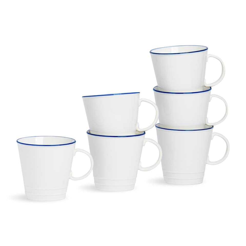 image 1 of Nicola Spring 380ml Farmhouse Mugs - Set of 6 Porcelain Tea & Coffee Cup Rustic Cottage Drinkware with Rolled Rim & Comfort Handle | White | White/Blue Rim | 12.5 x 10 x 9.5 CM | 6