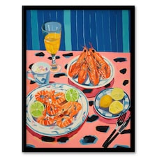 Party Shrimp Yellow Pink Kitchen Home Decor Black Framed Wall Art Print A4