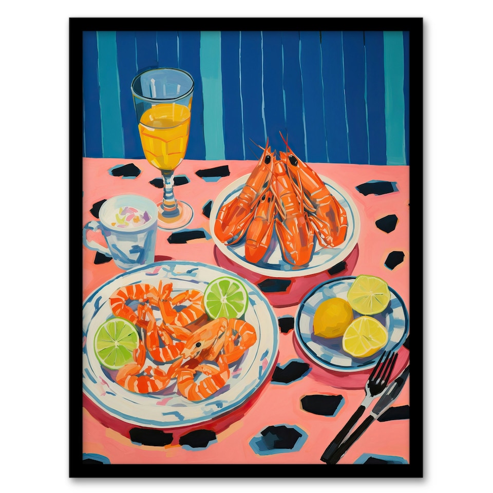 image 1 of Party Shrimp Yellow Pink Kitchen Home Decor Black Framed Wall Art Print A4