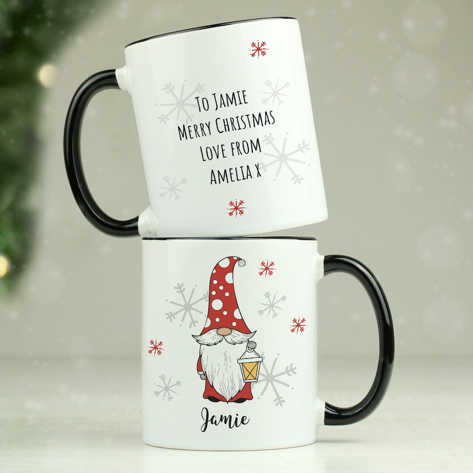 image 1 of Personalised Gonk Family Black Handled Christmas Mug - Male White