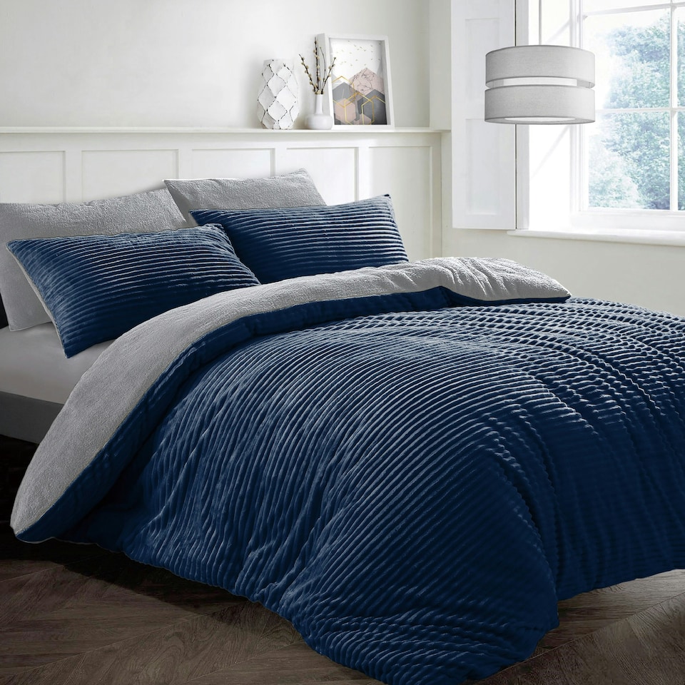 image 1 of Velosso Plush Corduroy Teddy Fluffy and Warm Fleece Duvet Cover Set Blue | Navy | Single