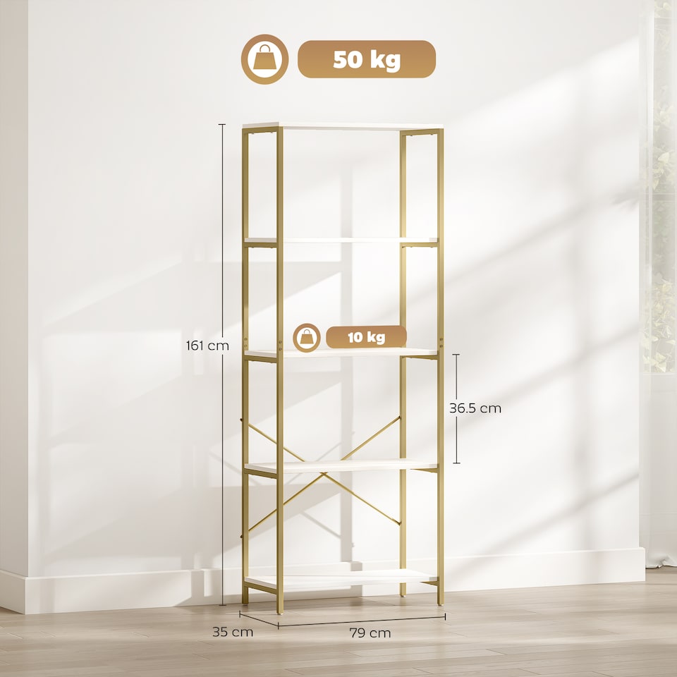 image 1 of HOMCOM 5-Tier Bookshelf, Modern Bookcase, Floor Standing Book Shelf with Metal Frame, Open Display Shelving Unit for Living Room, Home Office and Bedroom, White and Gold Tone | White | White and Gold Tone