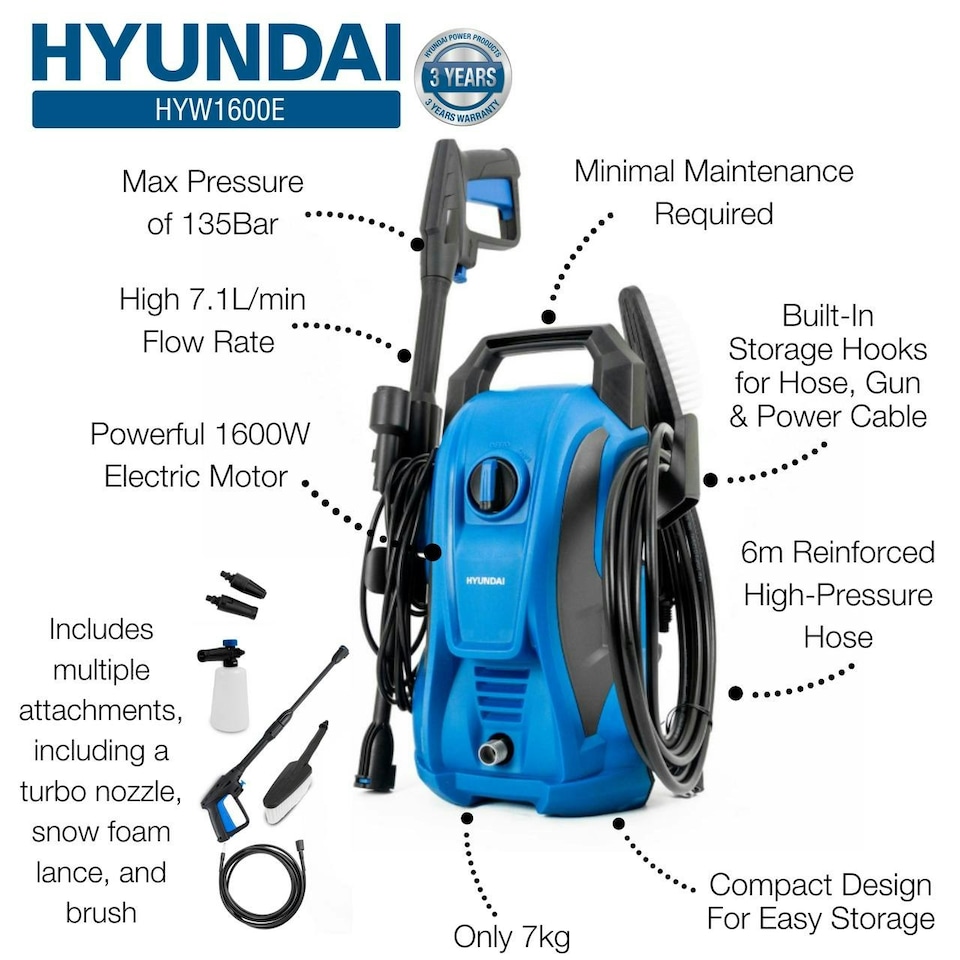 image 1 of Hyundai 135Bar / 1740psi Electric Pressure Washer, 7.1L/min, 1600W Powerful Motor with Hose & Attachments | HYW1600E