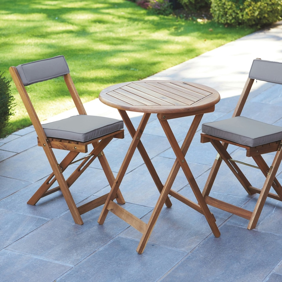 image 1 of Greenhurst Natural Wooden Bistro Set – Foldable Table & 2 Cushioned Chairs for Outdoor Dining