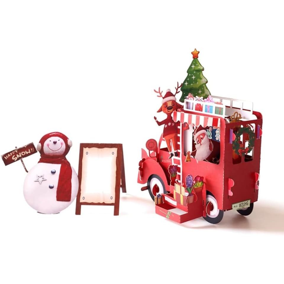 image 1 of Santa’s Festive Truck & Snowman Scene Christmas Card
