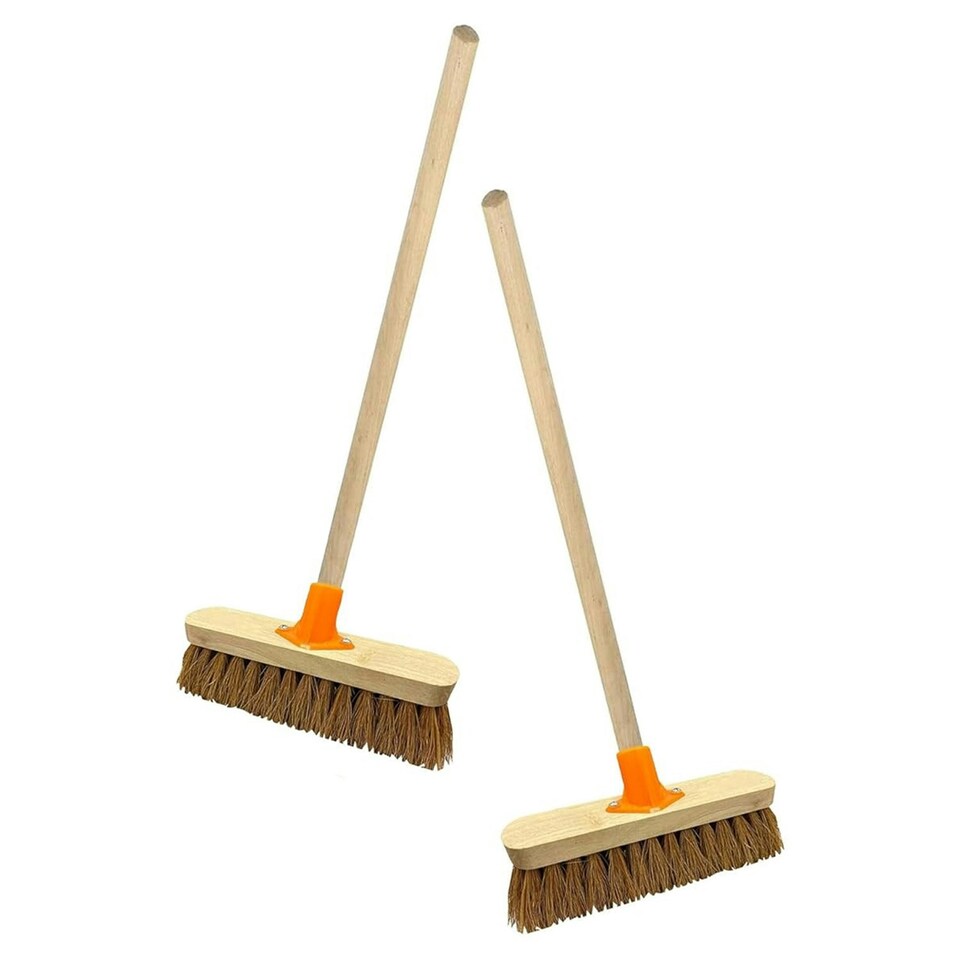 image 1 of 2 x 10" Indoor Outdoor Traditional Wooden Coco Yard Sweeping Brush With Handle & Support Bracket