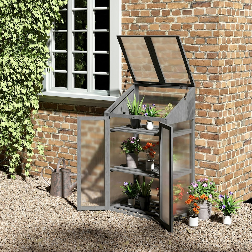 image 1 of Outsunny Wooden Greenhouse Cold Frame Grow House w/ Double Door for Flower Brown
