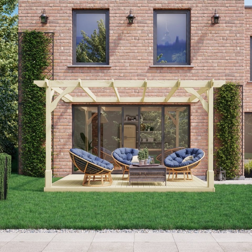 image 1 of Premium Wall Mounted Pergola and Decking Kit - Wood - L420 x W420 x H270 cm - Light Green
