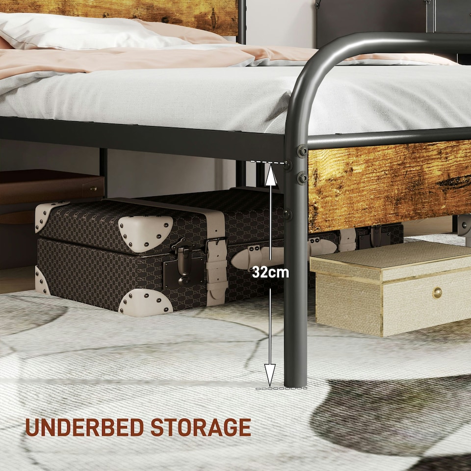 image 1 of HOMCOM Single Bed Frame with Headboard, No Box Spring Needed, Rustic Brown