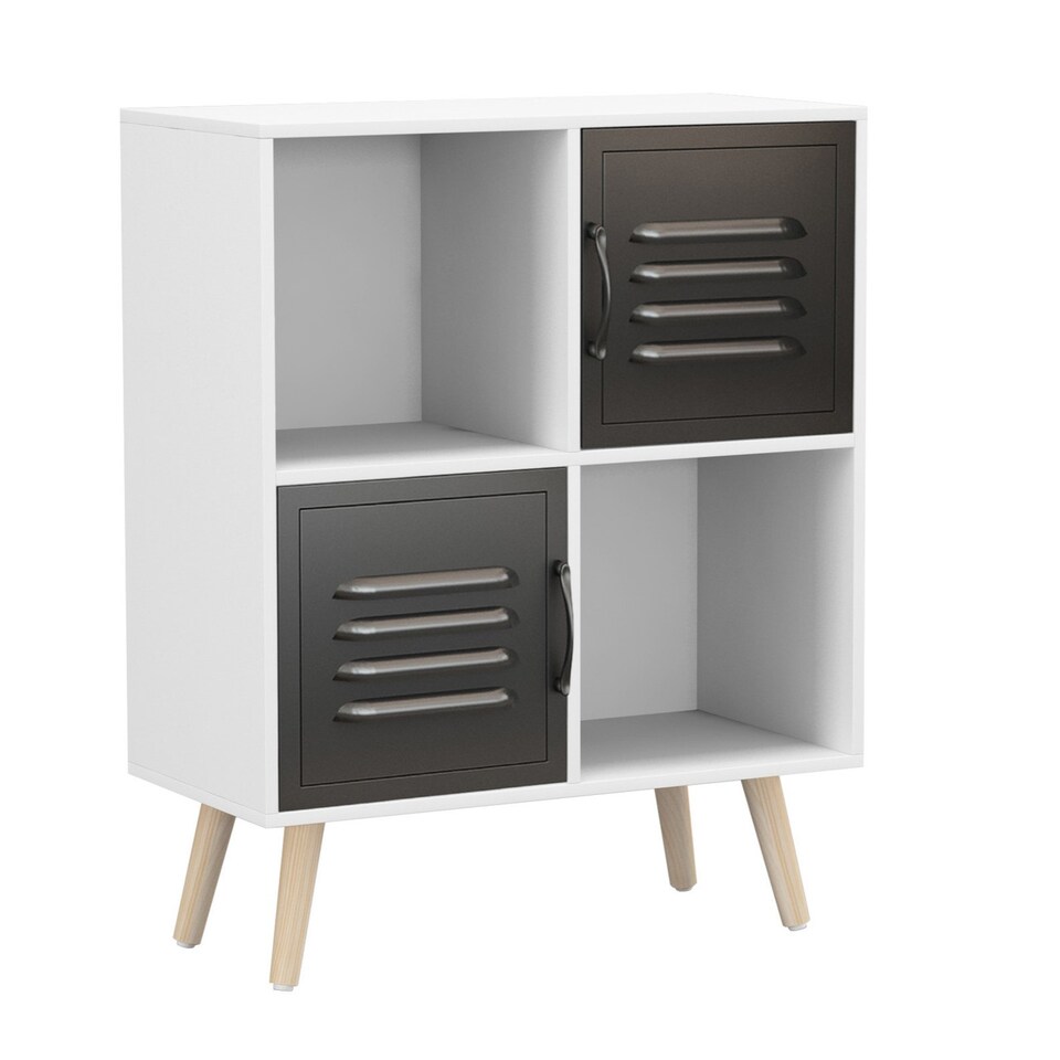 image 1 of White 4-Cube Storage Unit with 2 Metal Doors and Legs | Black | Black & Pine | 1