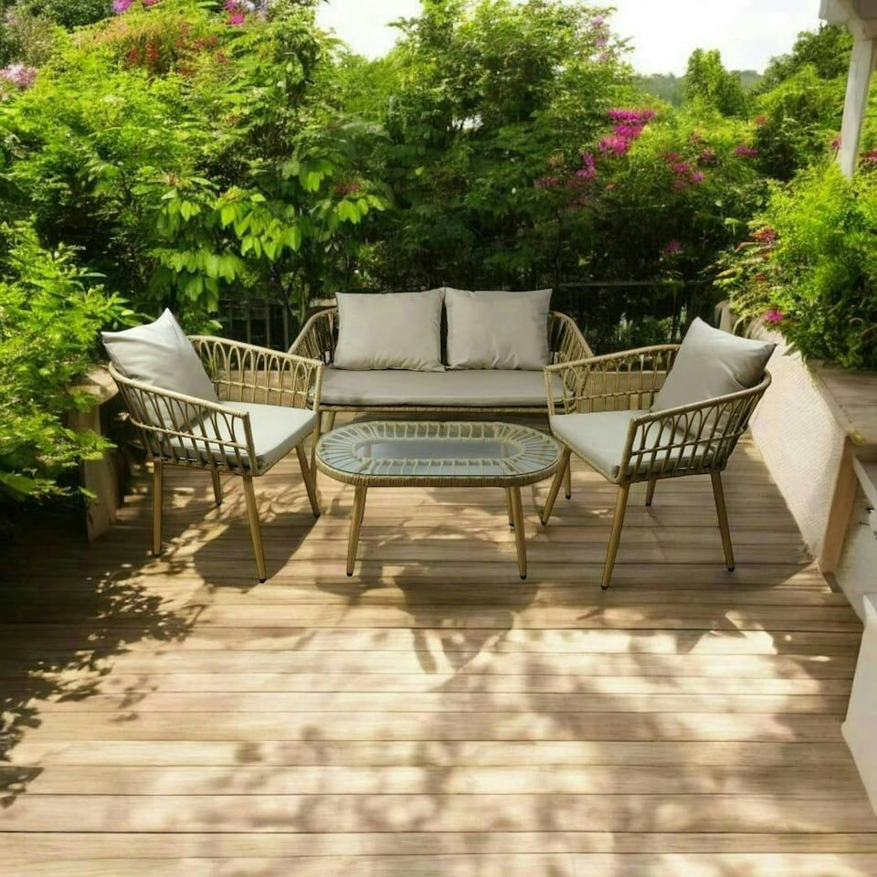 Garden Sofa Set (4 Pieces) - Rattan - Light Brown/Light Grey