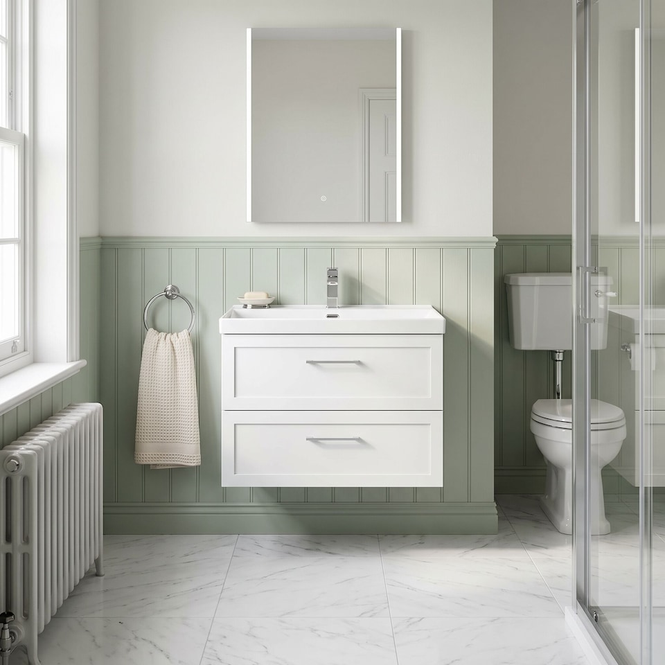 image 1 of Stonnall Traditional Wall Hung 2 Drawers Vanity Unit with Thin-Edge Ceramic Basin, 800mm, Matt White