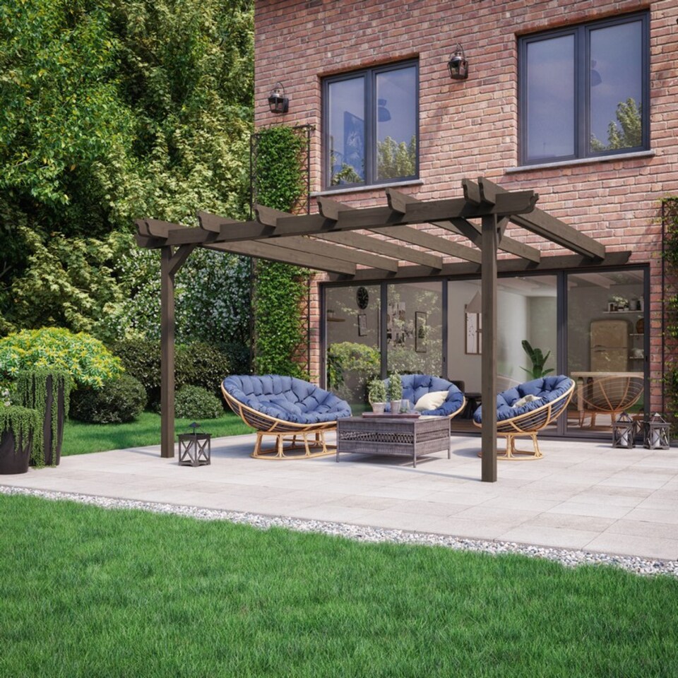 image 1 of Wall Mounted Double Garden Pergola - Wood - L240 x W480 x H270 cm - Rustic Brown