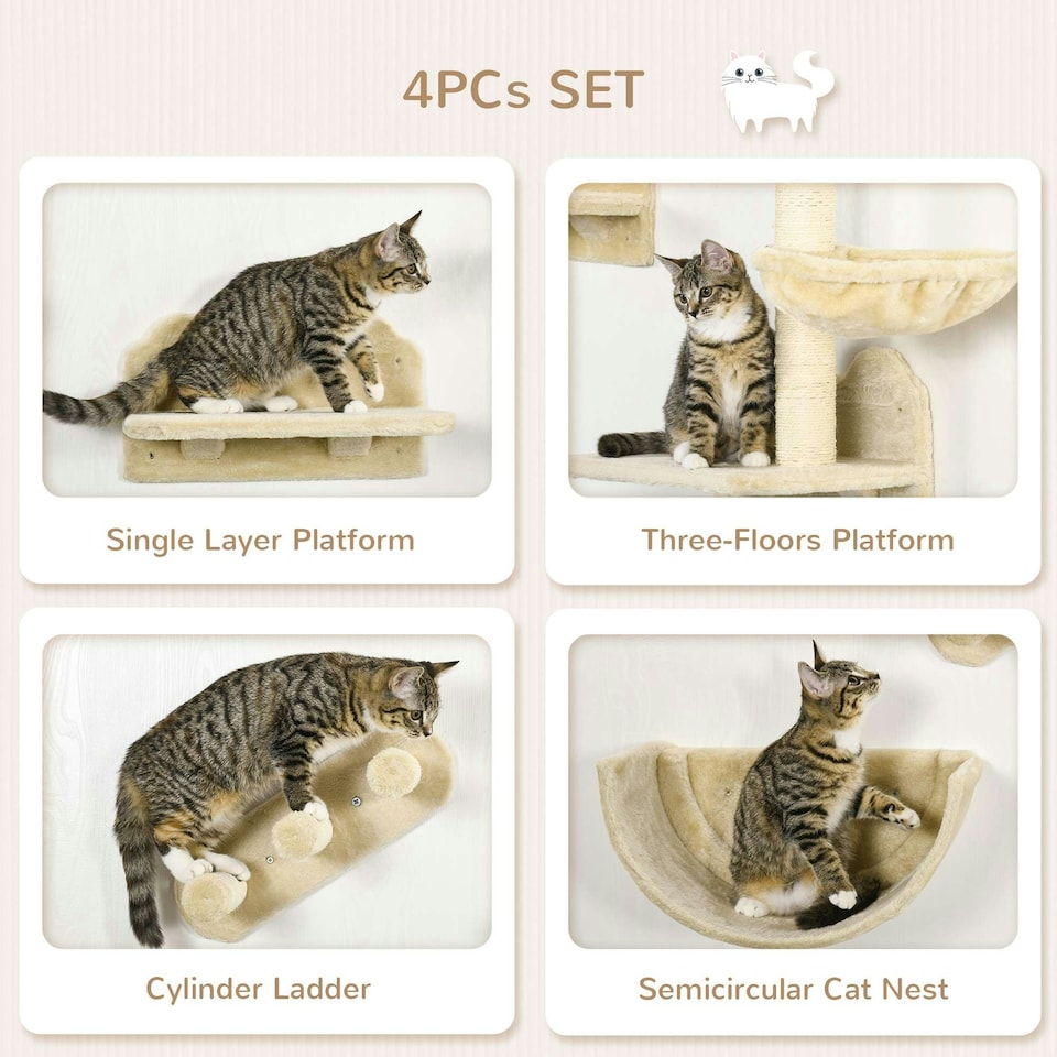 image 1 of PawHut Wall Mounted Cat Tree 4PC Kitten Activity Centre with Sisal, Beige
