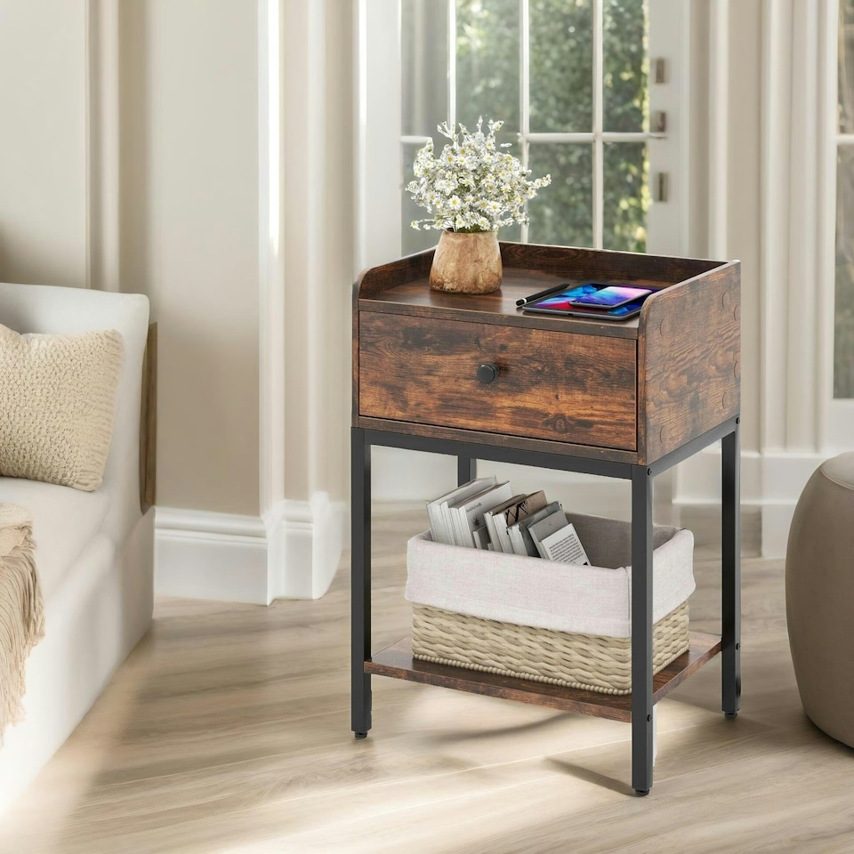 image 1 of Bedside Nightstand Table With Drawer Rustic Brown Brown