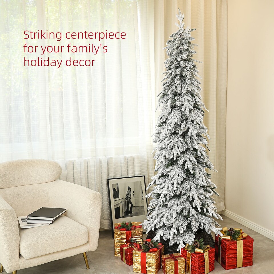 image 1 of HOMCOM 7ft Pencil Artificial Christmas Tree, Snow Flocked mas Tree with Downswept Branches and 800 Tips, Auto Open, Steel Base, Holiday Decoration for Home Office, Green