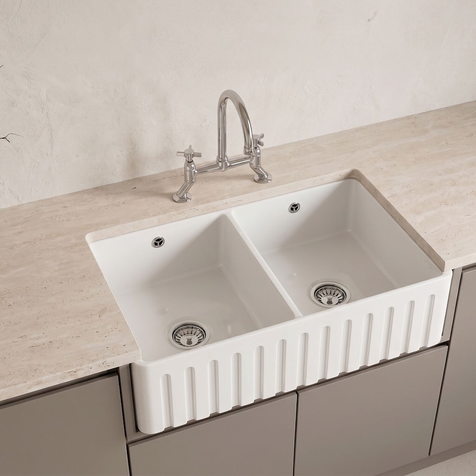 image 1 of Balterley Fireclay Double Bowl Fluted Front Kitchen Sink with Thin Edge, Flush Weir and Overflows - Balterley | White | White | 220.0000 x 795.0000 x 460.0000mm | 1