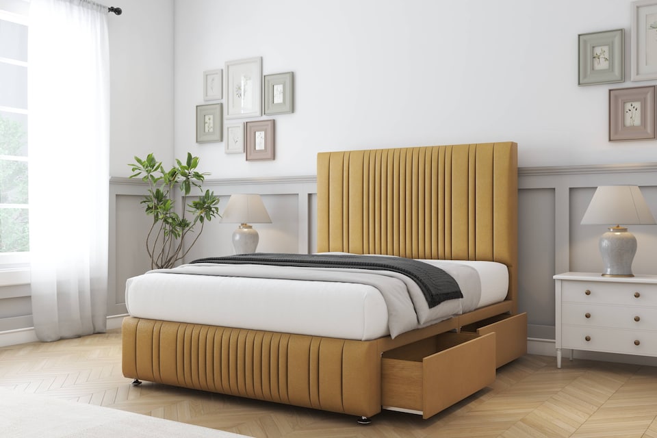 image 1 of Sloomy Kingsley Mustard Plush Divan Bed Base 2 Drawers Right Side With 54 Inch Floor Standing Headboard & 12 Inch Matching Footboard | Gold | Mustard | King | 1