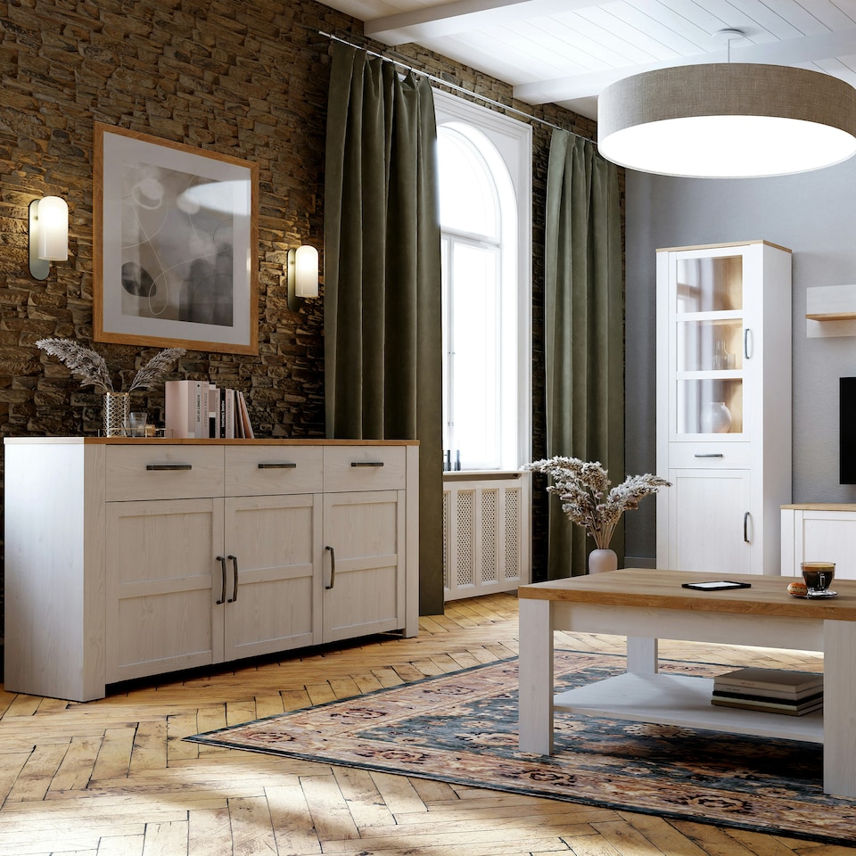 image 1 of Bohol 3 Door 3 Drawer Sideboard in Riviera Oak/White