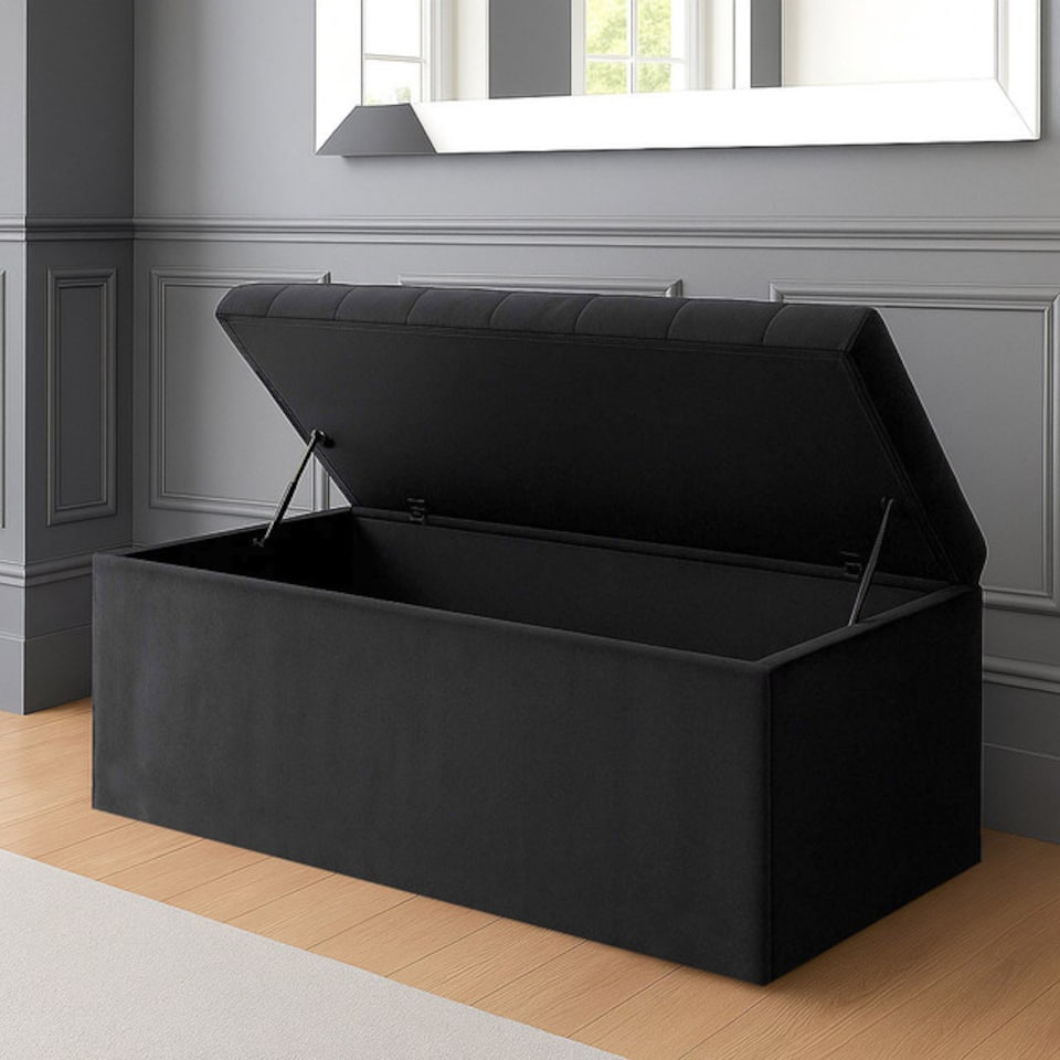image 1 of 137cm SD Ottoman Storage Box, Black Velvet Upholstered Chesterfield Storage Ottoman Box